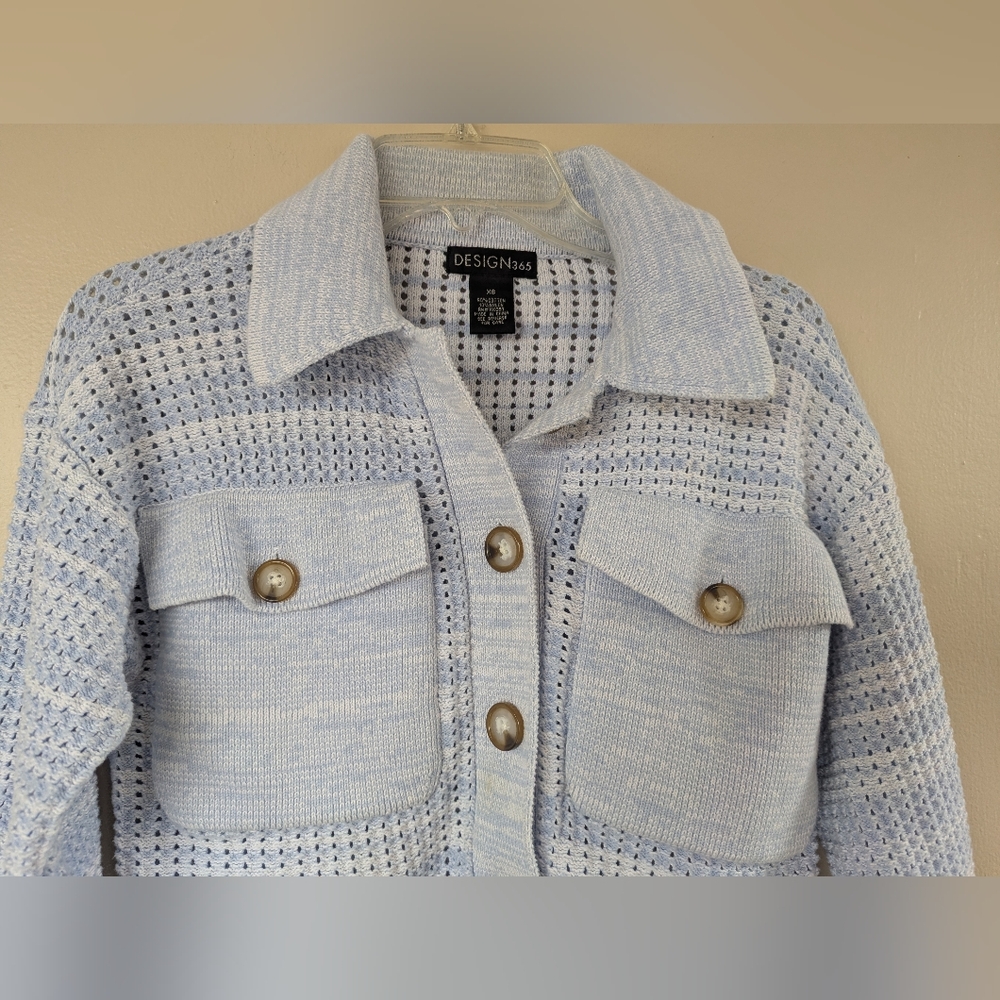 Design 365 Crocheted Knit Two Pocket Sweater Cardigan Coat Jacket, Blue (XS) - Picture 2 of 15
